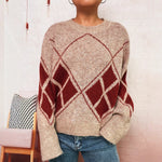 Load image into Gallery viewer, Diamond Color Block Sweater Loose Fit Round Neck N5A828