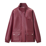 Load image into Gallery viewer, Burgundy Faux Leather Zip Jacket Women Loose Fit N5A680
