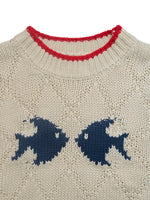 Load image into Gallery viewer, Beige Fish Print Sweater Color Block Trim Round Neck N5A806