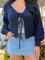 Load image into Gallery viewer, Cropped Ribbed Cardigan Bow Tie Lantern Sleeve Women N6B029