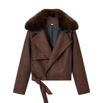 Load image into Gallery viewer, Womens Detachable Fur Collar Tie Waist Jacket Brown N5A671