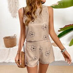 Load image into Gallery viewer, Khaki Printed Round Neck Sleeveless Shorts Set Women N5A950