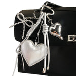Load image into Gallery viewer, Silver PU Heart Bow Rope Bag Charm Keychain Luxe S5P932
