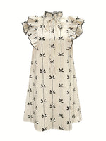 Load image into Gallery viewer, Flared Sleeve Bow Tie Dress Women Beige N5A497