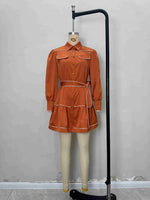 Load image into Gallery viewer, Caramel Contrast Topstitch Belted Satin Shirt Dress N6A093