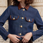 Load image into Gallery viewer, Leather Trim Denim Like Coat Button Accent Navy N5Z562
