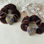 Load image into Gallery viewer, Brown Plaid Heart Scrunchy Lace Trim Hair Tie Soft S5P772