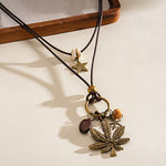 Load image into Gallery viewer, Leather Cord Wood Bead Star Leaf Sweater Chain N6H138