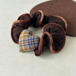 Load image into Gallery viewer, Brown Plaid Heart Scrunchy Lace Trim Hair Tie Soft S5P772