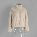 Load image into Gallery viewer, Stand Collar Faux Fur Zip Coat Women Beige N5A295