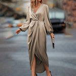 Load image into Gallery viewer, Crisscross Neck Ruffle Slit Bubble Sleeve Dress Women N5A703
