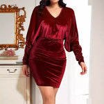 Load image into Gallery viewer, Velvet Batwing Bodycon Dress Women Wine Red N5A484