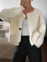 Load image into Gallery viewer, Round Neck 3-Button Pocket Cardigan French Style N6G288