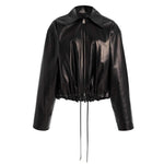Load image into Gallery viewer, PU Notch Drawstring Crop Coat Mid Weight Black N5Z601