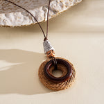 Load image into Gallery viewer, Leather Cord Wood Resin Raffia Drop Pendant Necklace N6H139