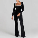 Load image into Gallery viewer, Crystal Embellished Velvet Jumpsuit Women Black N5A513