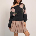 Load image into Gallery viewer, Off Shoulder Floral Jacquard Sweater Women Black N5A587