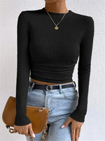 Load image into Gallery viewer, Fitted Checkered Long Sleeve Ruffle T-shirt Women N6C323