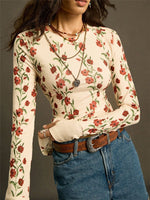 Load image into Gallery viewer, Retro Floral Print Knit T-shirt Women N6C324