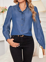 Load image into Gallery viewer, Denim-like Ruffle Blouse Women Blue N5A492