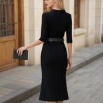 Load image into Gallery viewer, Elegant Office Dress Black Mid-Sleeve Tapered Waist N5A693