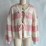 Load image into Gallery viewer, Striped Bow Tie Cardigan Women V Neck Loose Knit N5A842