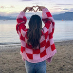 Load image into Gallery viewer, Plaid Color Block Cardigan Women Red Chunky Knit N5A849