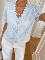 Load image into Gallery viewer, Lace Trim V Neck Short Sleeve Chiffon Blouse Women N6C104