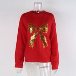 Load image into Gallery viewer, Red Sequin Bow Sweater Women Loose Knit Pullover N5A885