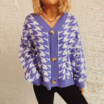 Load image into Gallery viewer, V Neck Houndstooth Cardigan Women Color Block N5A875
