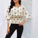 Load image into Gallery viewer, Floral Print Smocked Waist Blouse Women Beige Black N5A498