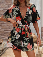 Load image into Gallery viewer, Beach Vacation Flutter Sleeve Wrap Neck Romper Shorts N6A079