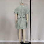 Load image into Gallery viewer, Light Green Stripe Tie Collar Hollow Dress Women N5A951