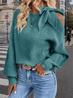 Load image into Gallery viewer, Off Shoulder Bow Tie Lantern Sleeve Sweater Women N6B026