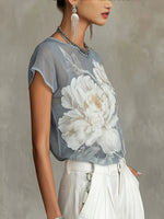 Load image into Gallery viewer, Gray Floral Print Chiffon Short Sleeve T-Shirt Women N6F247