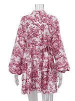 Load image into Gallery viewer, Ink Print Puff Sleeve Stand Collar A-line Dress Women N6C190