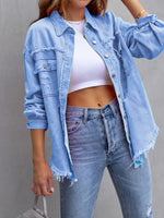 Load image into Gallery viewer, Distressed Denim Jacket Mid Length Raw Hem N5Z166