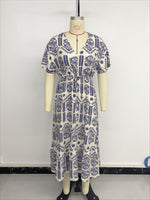 Load image into Gallery viewer, Short Sleeve V Neck Ethnic Print Dress Women N6B059