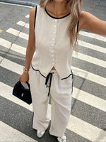 Load image into Gallery viewer, Color Block Button Vest Drawstring Pant Set Women N6D118