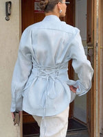 Load image into Gallery viewer, Tie Waist Scarf Collar Cotton Blouse Women Office N6A182