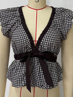 Load image into Gallery viewer, Gingham Balloon Sleeve Bow Tie Blouse Women N6C276
