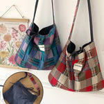 Load image into Gallery viewer, Women's Plaid Denim Tie-Closure Tote Bag N6J203