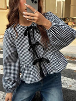 Load image into Gallery viewer, Gingham Bow Tie Open Front Blouse Women N6D133