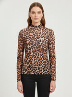 Load image into Gallery viewer, Leopard Print Fitted Long Sleeve Tee Women Brown N6B084