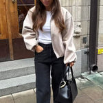 Load image into Gallery viewer, Puff Hem Zip Up Baseball Jacket Women N6A150