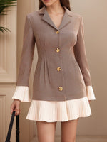 Load image into Gallery viewer, Plaid Color Block Pleated Waist Dress Women Khaki N5A691