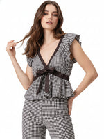 Load image into Gallery viewer, Gingham Balloon Sleeve Bow Tie Blouse Women N6C276