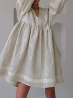 Load image into Gallery viewer, French V neck Lantern Sleeve Linen Blend Dress Women N6C208