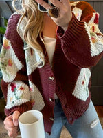 Load image into Gallery viewer, Color Block Floral Button Cardigan Lightweight Brown N5Z700