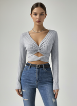 Load image into Gallery viewer, V Neck Crinkle Texture Crop Top Long Sleeve Women N6B082